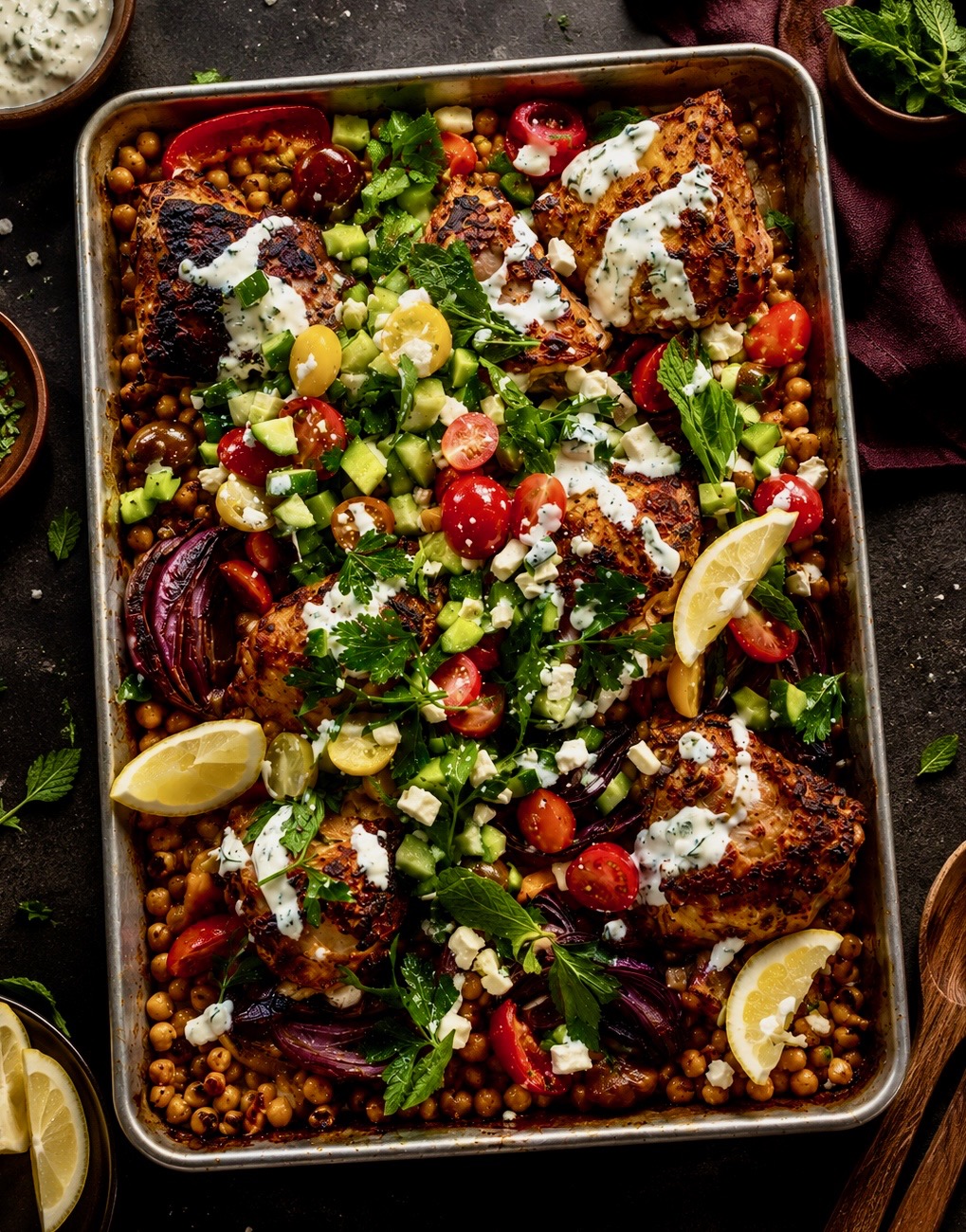 Plaque de cuisses de poulet et pois chiches à la shish taouk - Jean ...